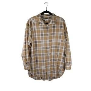 LOFT Tan White Plaid Flannel Button Down Shirt Women XL Cotton RN140923